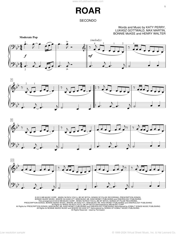 Roar sheet music for piano four hands by Katy Perry, Eric Baumgartner, Bonnie McKee, Henry Walter, Lukasz Gottwald and Max Martin, intermediate skill level