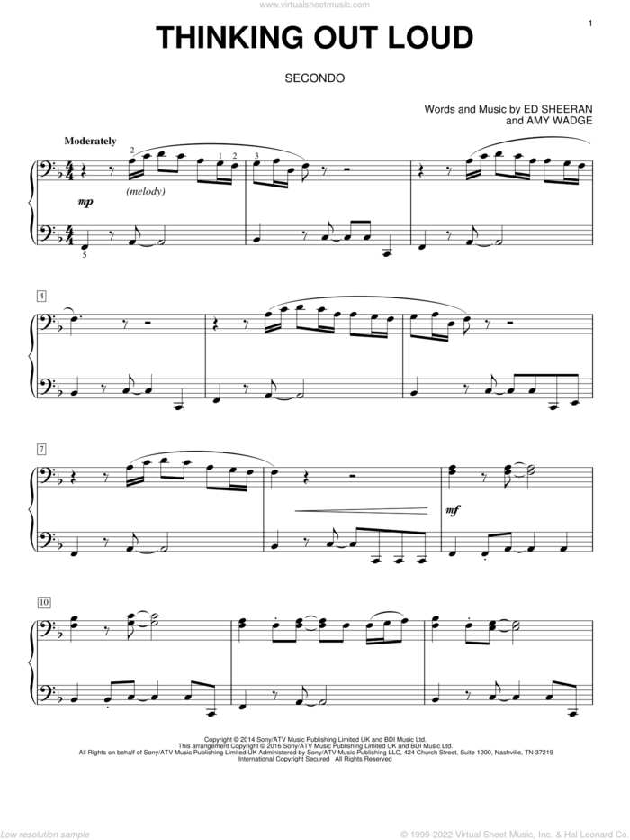 Thinking Out Loud sheet music for piano four hands by Ed Sheeran, Eric Baumgartner and Amy Wadge, wedding score, intermediate skill level