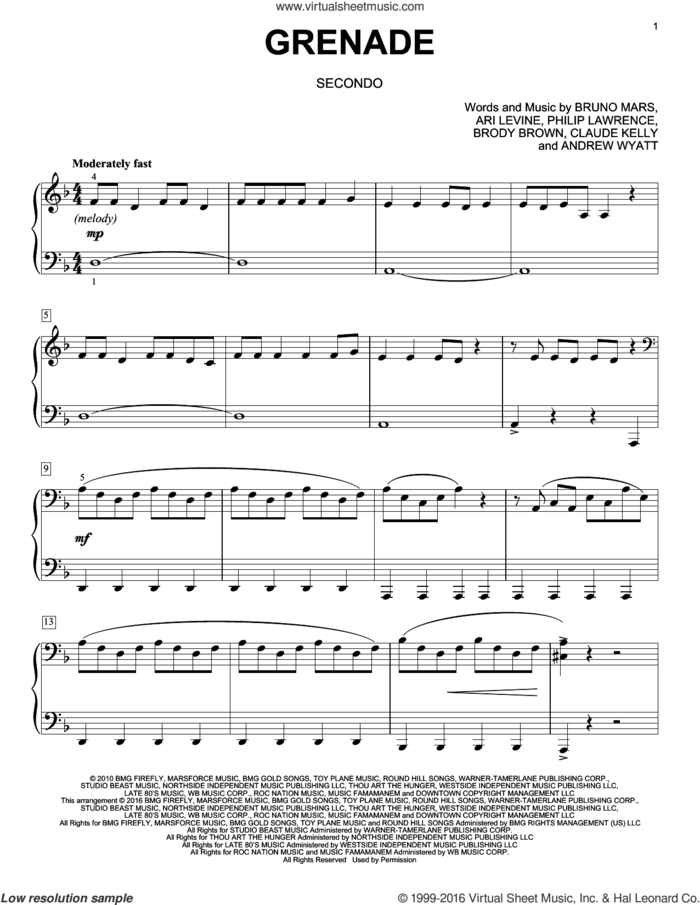 Grenade sheet music for piano four hands by Bruno Mars, Eric Baumgartner, Andrew Wyatt, Ari Levine, Brody Brown, Claude Kelly and Philip Lawrence, intermediate skill level