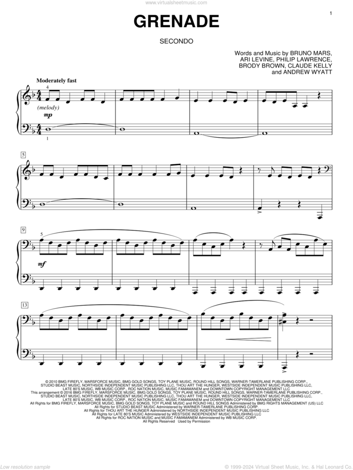 Grenade sheet music for piano four hands by Bruno Mars, Eric Baumgartner, Andrew Wyatt, Ari Levine, Brody Brown, Claude Kelly and Philip Lawrence, intermediate skill level