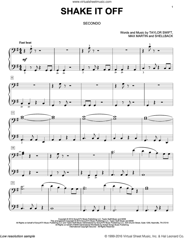 Shake It Off sheet music for piano four hands by Taylor Swift, Eric Baumgartner, Johan Schuster, Max Martin and Shellback, intermediate skill level