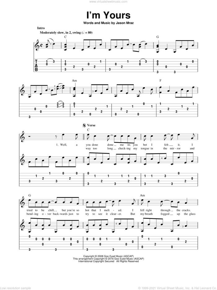 I'm Yours sheet music for guitar solo by Jason Mraz, intermediate skill level