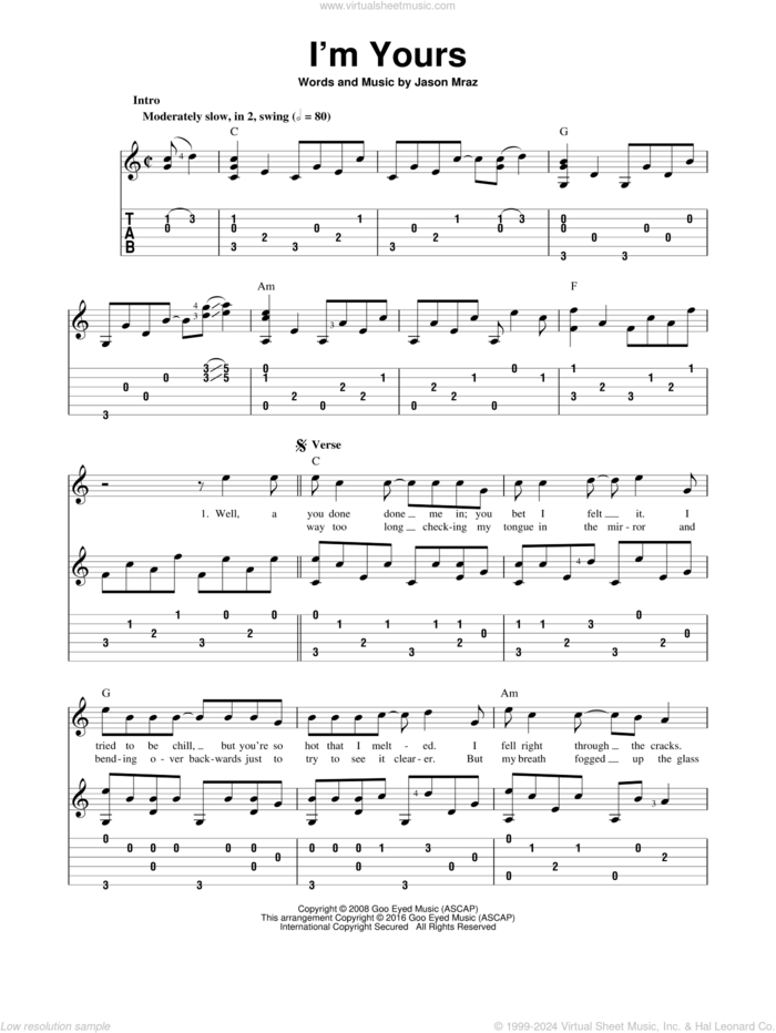 I'm Yours sheet music for guitar solo by Jason Mraz, wedding score, intermediate skill level