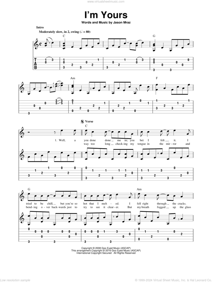 I'm Yours sheet music for guitar solo by Jason Mraz, wedding score, intermediate skill level