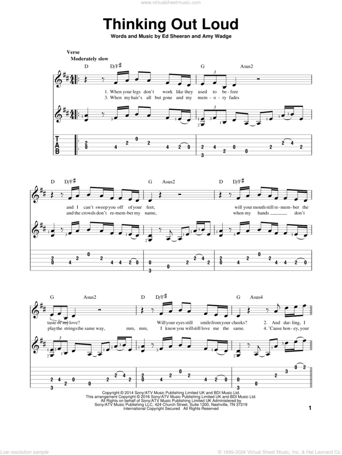 Thinking Out Loud, (intermediate) sheet music for guitar solo by Ed Sheeran and Amy Wadge, wedding score, intermediate skill level