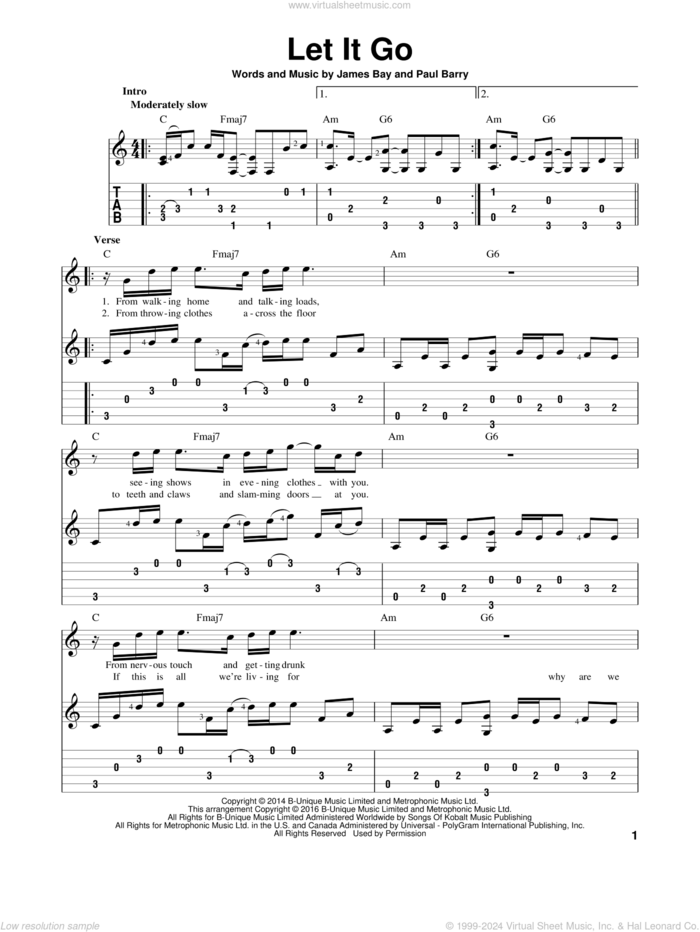 Let It Go, (intermediate) sheet music for guitar solo by James Bay and Paul Barry, intermediate skill level