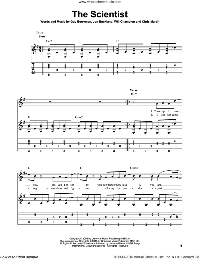 The Scientist sheet music for guitar solo by Coldplay, Chris Martin, Guy Berryman, Jon Buckland and Will Champion, intermediate skill level
