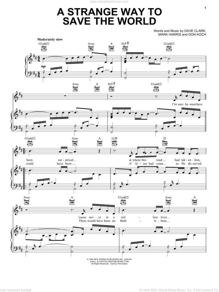 A Strange Way To Save The World sheet music for voice, piano or guitar by 4Him, Dave Clark, Don Koch and Mark Harris, intermediate skill level
