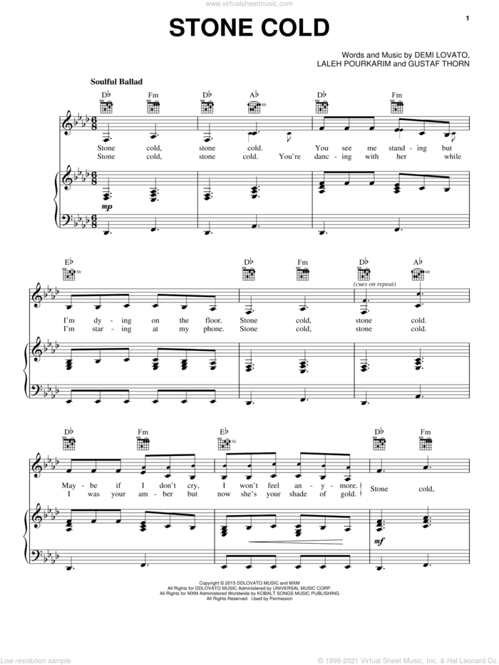 Stone Cold sheet music for voice, piano or guitar by Demi Lovato, Gustaf Thorn and Laleh Pourkarim, intermediate skill level