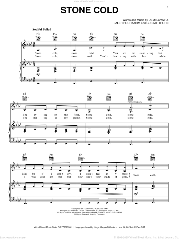 Stone Cold sheet music for voice, piano or guitar by Demi Lovato, Gustaf Thorn and Laleh Pourkarim, intermediate skill level