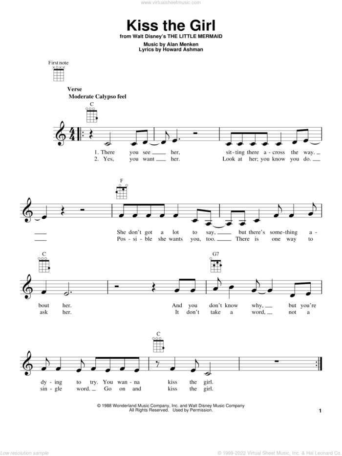 Kiss The Girl (from The Little Mermaid) sheet music for ukulele by Alan Menken, Little Texas, Alan Menken & Howard Ashman and Howard Ashman, intermediate skill level