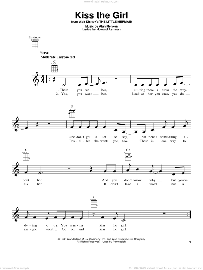 Kiss The Girl (from The Little Mermaid) sheet music for ukulele by Alan Menken, Little Texas, Alan Menken & Howard Ashman and Howard Ashman, intermediate skill level