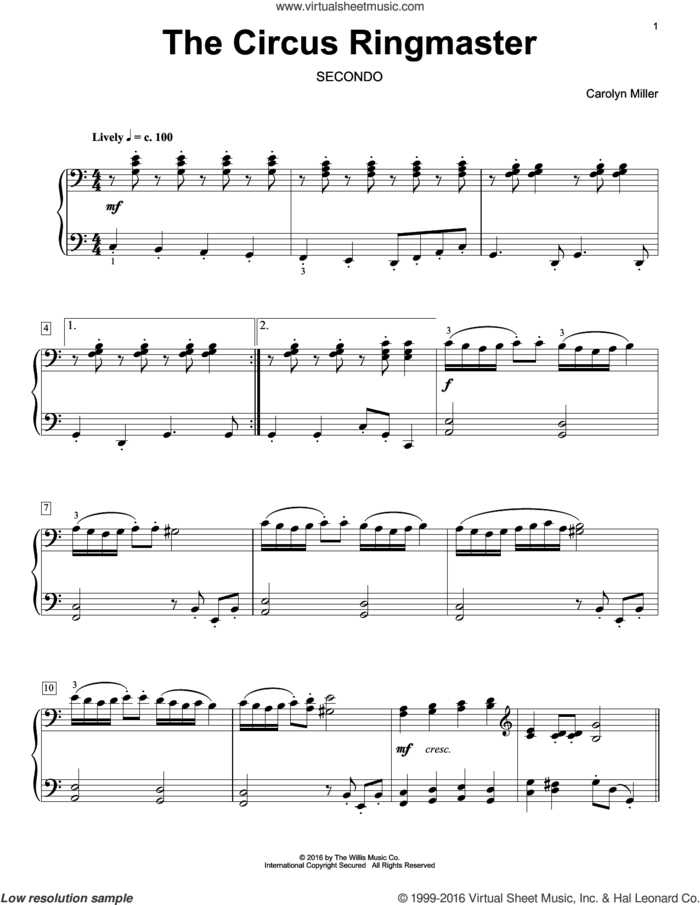 The Circus Ringmaster sheet music for piano four hands by Carolyn Miller, intermediate skill level
