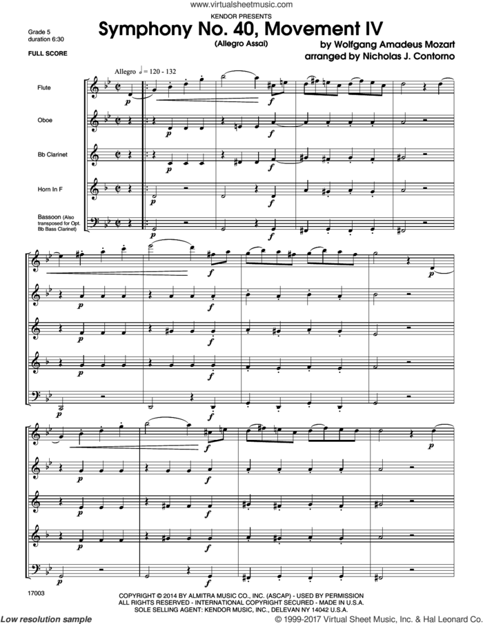 Symphony No. 40, Movement IV (Allegro Assai) (COMPLETE) sheet music for wind quintet by Wolfgang Amadeus Mozart and Nicholas Contorno, classical score, intermediate skill level