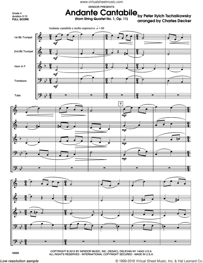 Andante Cantabile (from String Quartet No. 1, Op. 11) (COMPLETE) sheet music for brass quintet by Pyotr Ilyich Tchaikovsky, Charles Decker and Tschaikowsky, classical score, intermediate skill level