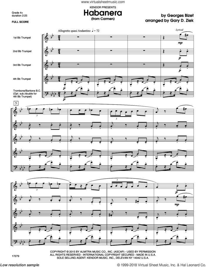 Habanera (from Carmen) (COMPLETE) sheet music for brass quintet by Georges Bizet and Gary Ziek, classical score, intermediate skill level