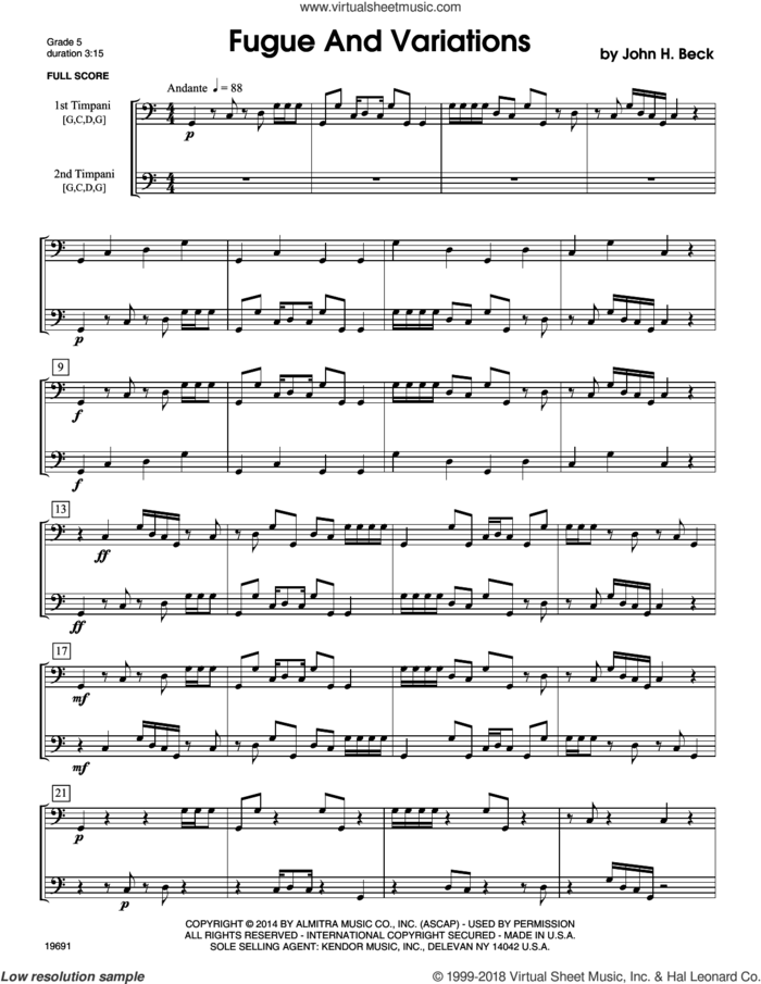 Fugue And Variations sheet music for percussions by John H. Beck, intermediate skill level