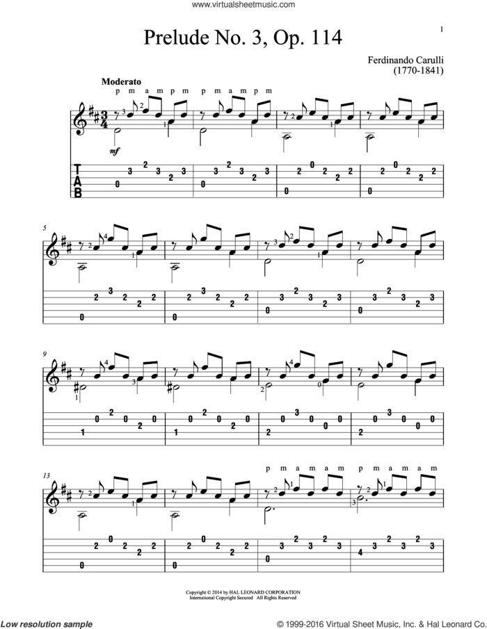 Prelude No. 3, Op. 114 sheet music for guitar solo by Ferdinando Carulli and John Hill, classical score, intermediate skill level