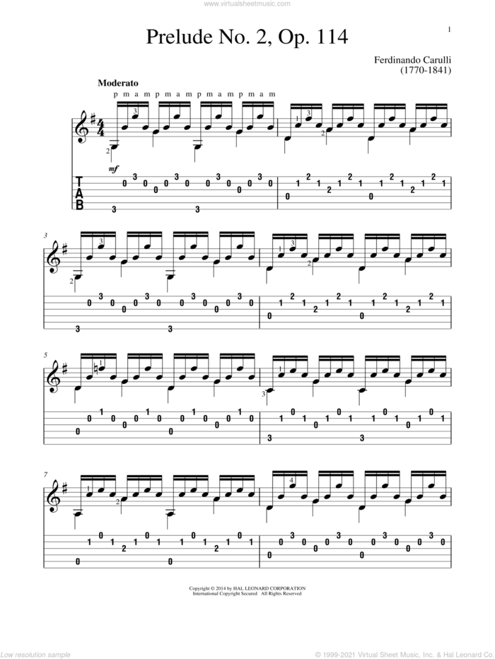 Prelude No. 2, Op. 114 sheet music for guitar solo by Ferdinando Carulli and John Hill, classical score, intermediate skill level