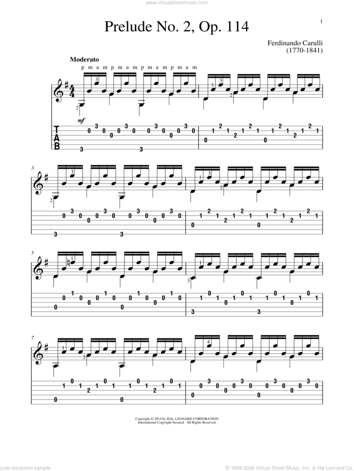 Prelude No. 2, Op. 114 sheet music for guitar solo by Ferdinando Carulli and John Hill, classical score, intermediate skill level