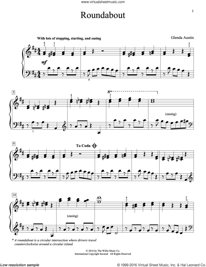 Roundabout sheet music for piano solo by Glenda Austin, intermediate skill level