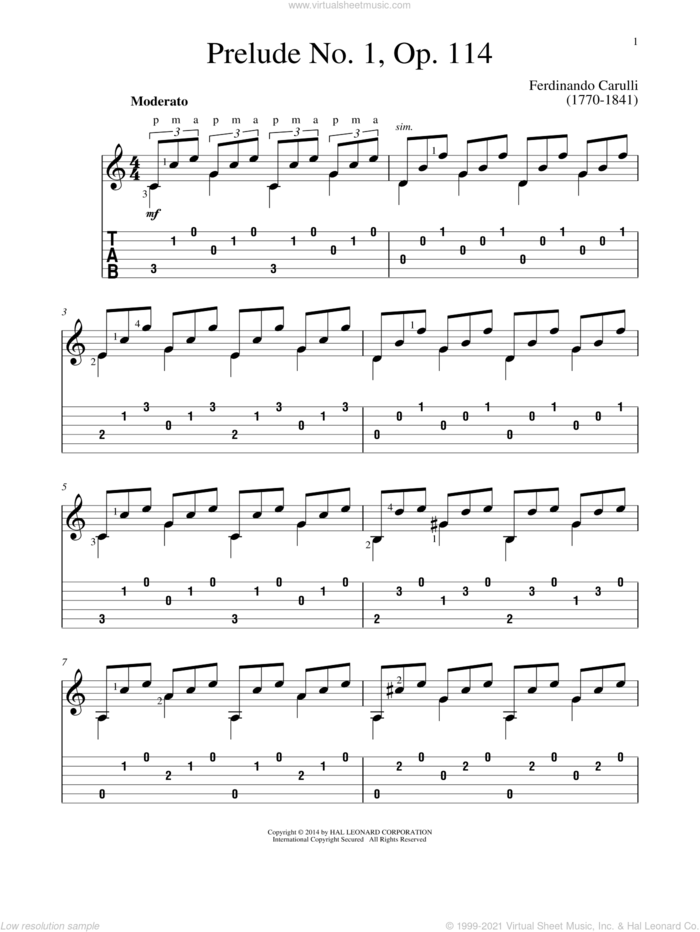 Prelude No. 1, Op. 114 sheet music for guitar solo by Ferdinando Carulli and John Hill, classical score, intermediate skill level