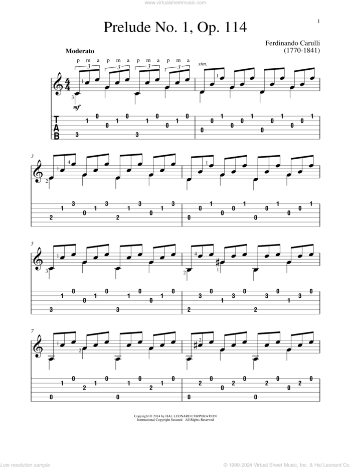 Prelude No. 1, Op. 114 sheet music for guitar solo by Ferdinando Carulli and John Hill, classical score, intermediate skill level