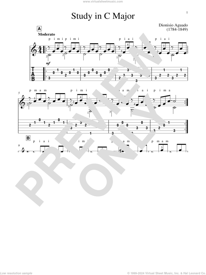 Study In C Major sheet music for guitar solo by Garcia Dionisio Aguado and John Hill, classical score, intermediate skill level