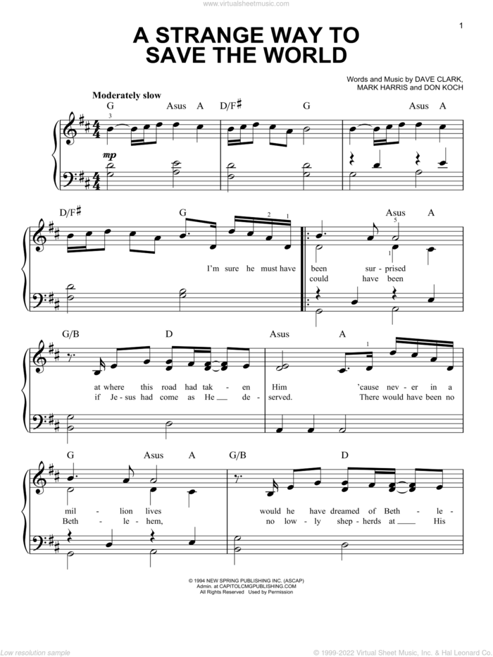 A Strange Way To Save The World sheet music for piano solo by 4Him, Dave Clark, Don Koch and Mark Harris, easy skill level