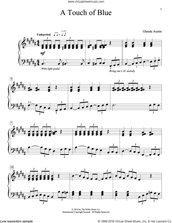 A Touch Of Blue sheet music for piano solo by Glenda Austin, intermediate skill level