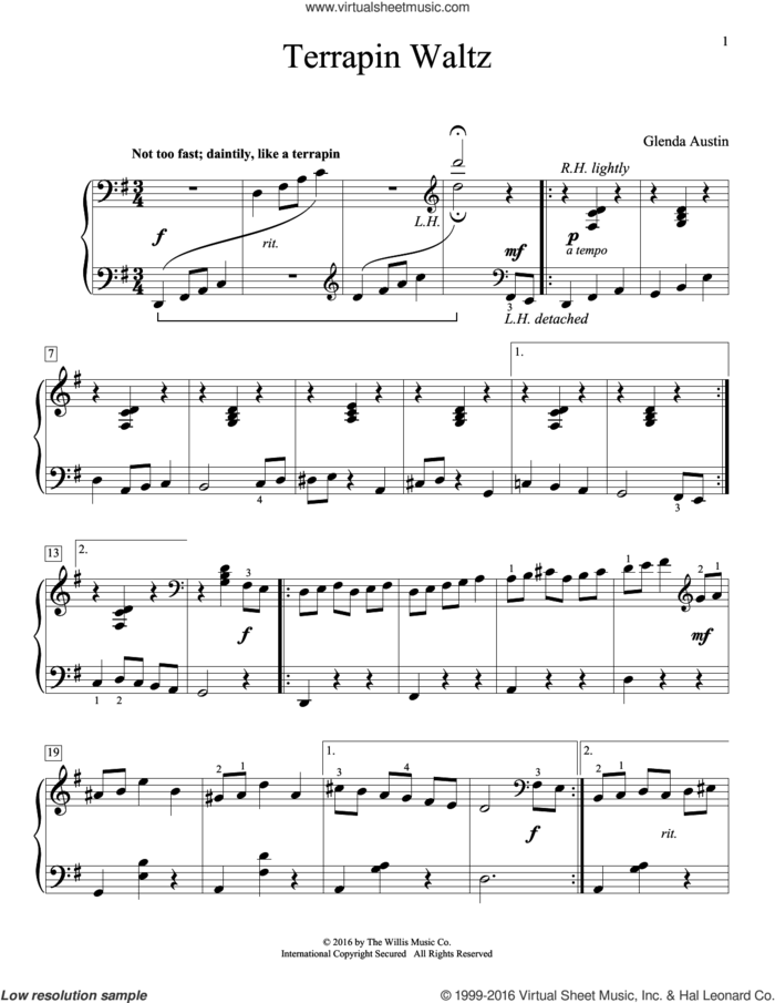 Terrapin Waltz sheet music for piano solo by Glenda Austin, intermediate skill level