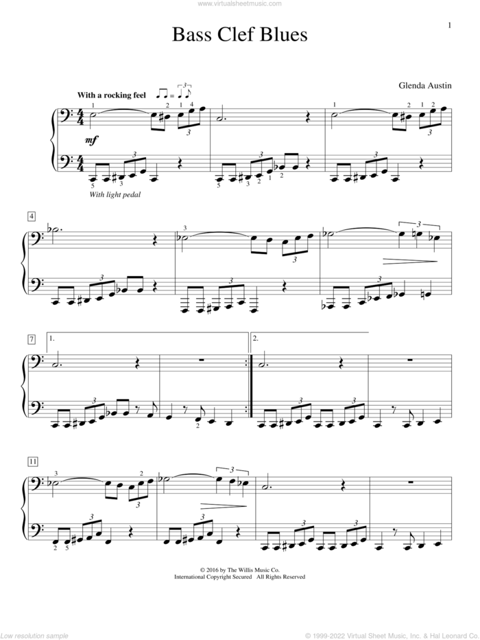 Bass Clef Blues sheet music for piano solo by Glenda Austin, intermediate skill level