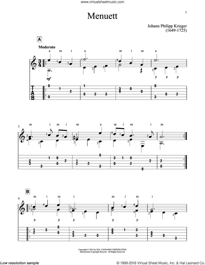 Minuet sheet music for guitar solo by Johann Krieger and John Hill, classical score, intermediate skill level