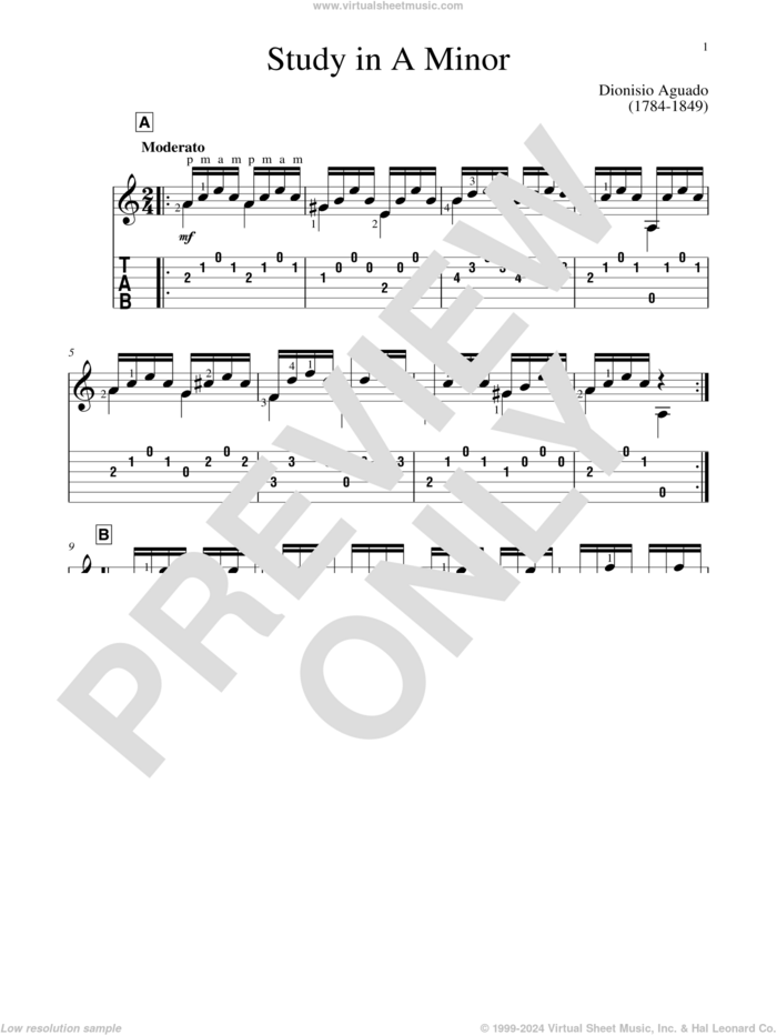 Study In A Minor sheet music for guitar solo by Garcia Dionisio Aguado and John Hill, classical score, intermediate skill level