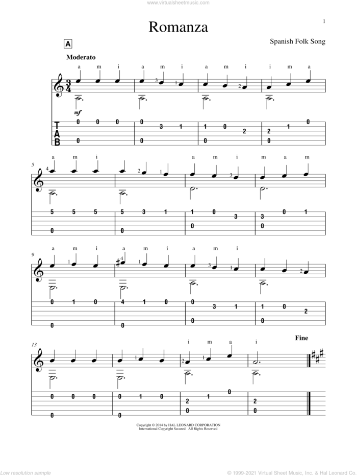 Romanza sheet music for guitar solo by John Hill, Anonymous and Spanish Folk Song, classical score, intermediate skill level