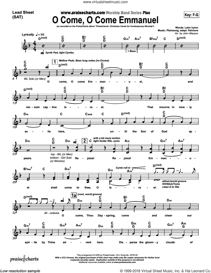 O Come O Come Emmanuel sheet music for concert band (orchestration) by John Wasson and Henry Coffin/John Neale/Thomas Helmore, intermediate skill level