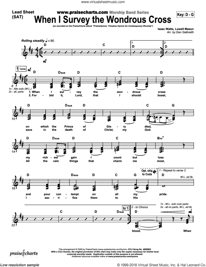 When I Survey the Wondrous Cross sheet music for concert band (orchestration) by Dan Galbraith and Isaac Watts/Lowell Mason/Dan Galbraith, intermediate skill level