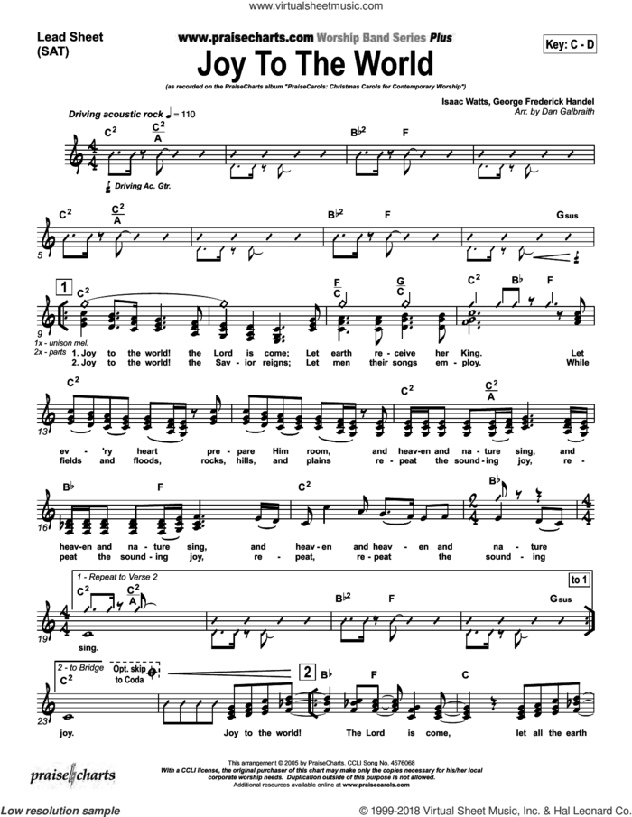 Joy to the World sheet music for concert band (orchestration) by Dan Galbraith and George Handel/Isaac Watts, intermediate skill level