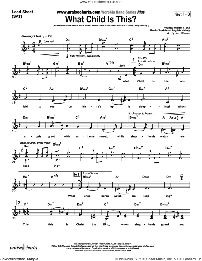 What Child Is This sheet music for concert band (orchestration) by John Wasson and William Dix, intermediate skill level