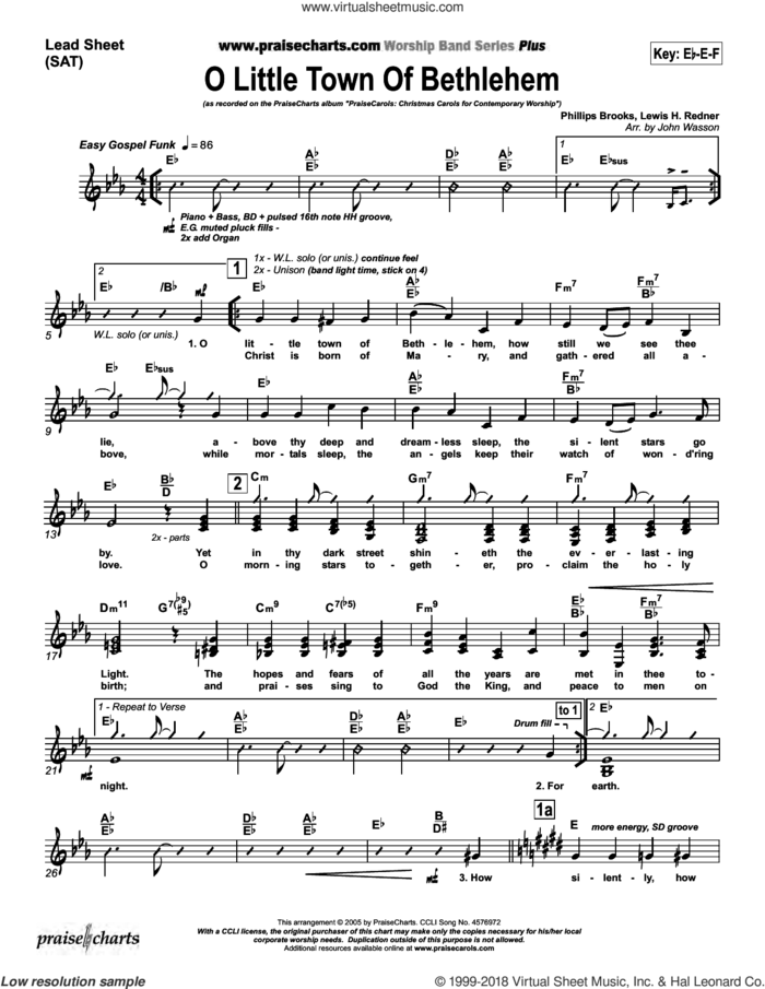 O Little Town of Bethlehem sheet music for concert band (orchestration) by John Wasson and Phillips Brooks/Lewis Redner, intermediate skill level