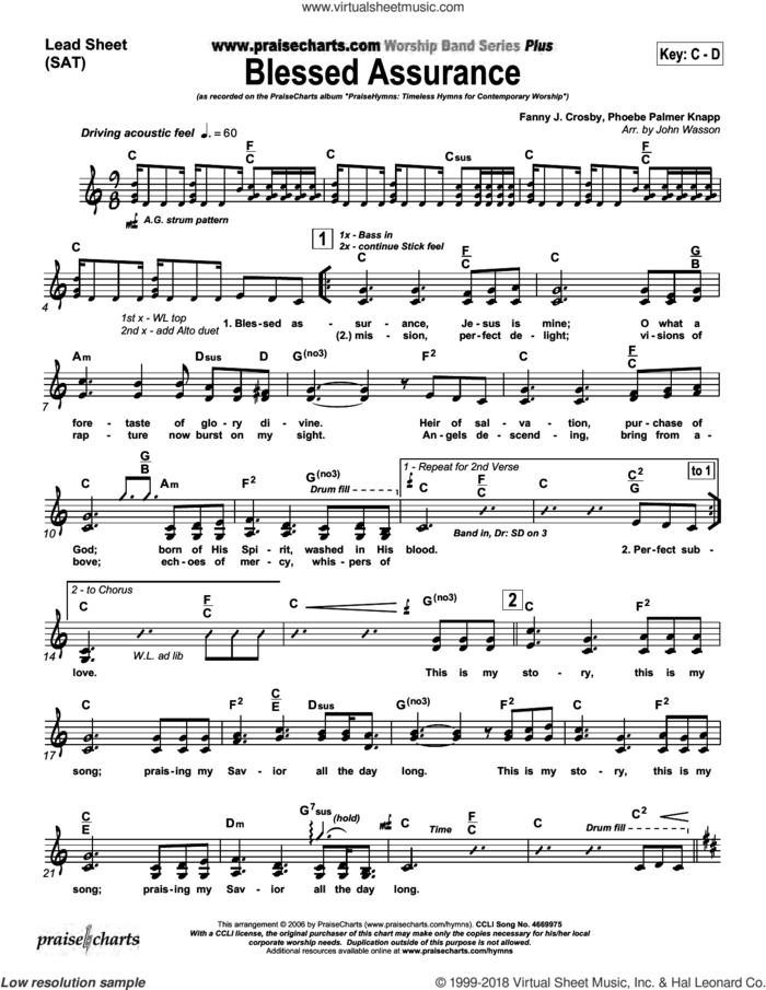 Blessed Assurance sheet music for concert band (orchestration) by John Wasson and Fanny Crosby/Phoebe Knapp, intermediate skill level