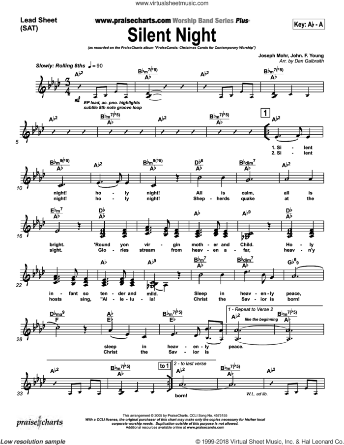 Silent Night sheet music for concert band (orchestration) by Dan Galbraith and Franz Gruber/Joseph Mohr, intermediate skill level