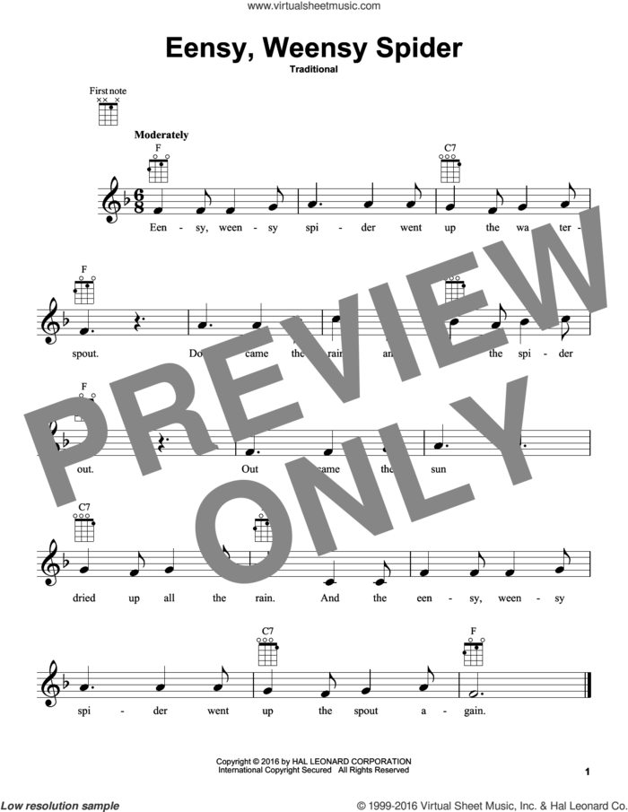 Eensy Weensy Spider sheet music for ukulele, intermediate skill level