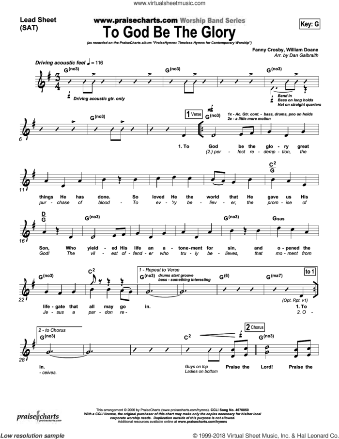 To God Be The Glory sheet music for concert band (orchestration) by Dan Galbraith and Fanny Crosby/William Doane, intermediate skill level