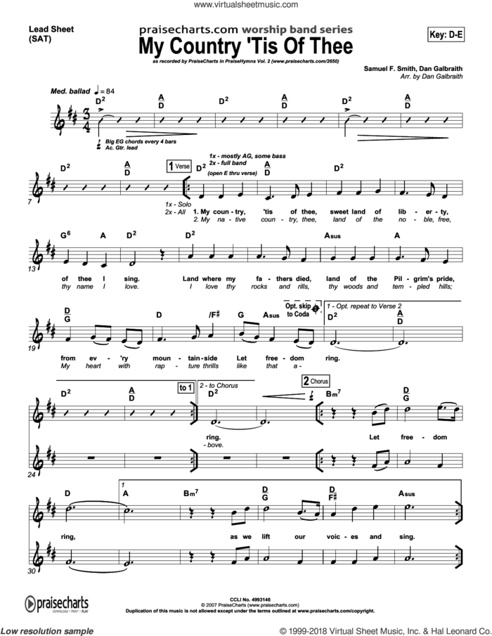 My Country Tis of Thee sheet music for concert band (orchestration) by Dan Galbraith and Samuel Smith/Dan Galbraith, intermediate skill level
