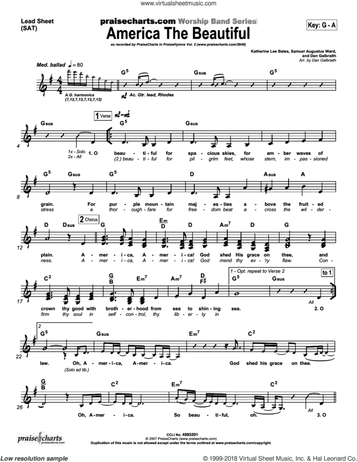 America the Beautiful sheet music for concert band (orchestration) by Dan Galbraith and Katherine Bates/Samuel Ward/Dan Galbraith, intermediate skill level