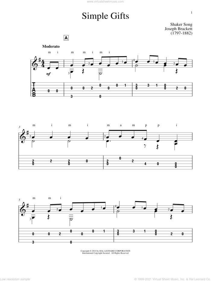 Simple Gifts sheet music for guitar solo by John Hill and Miscellaneous, classical score, intermediate skill level