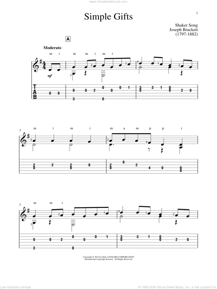 Simple Gifts sheet music for guitar solo by John Hill and Miscellaneous, classical score, intermediate skill level