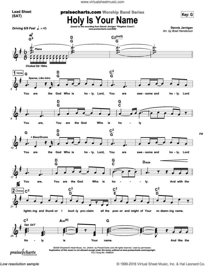 Holy Is Your Name sheet music for concert band (orchestration) by Brad Henderson and Dennis Jernigan, intermediate skill level