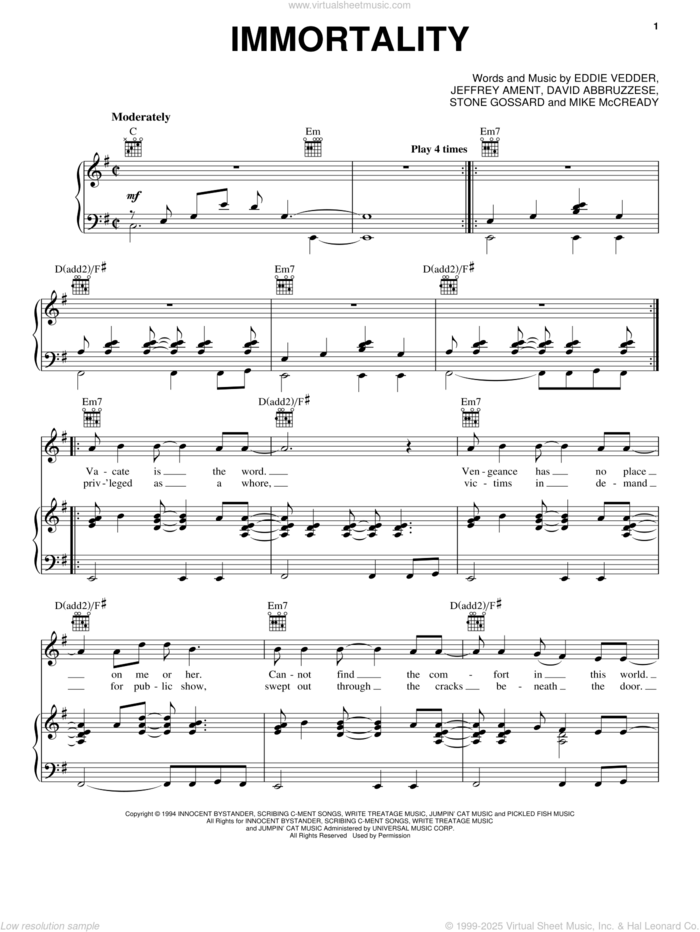 Immortality sheet music for voice, piano or guitar by Pearl Jam, David Abbruzzese, Eddie Vedder, Jeffrey Ament, Michael McCready and Stone Gossard, intermediate skill level